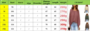 Größentabelle für Strickoberteil mit Karree-Ausschnitt, Maße von Größe S bis 3XL