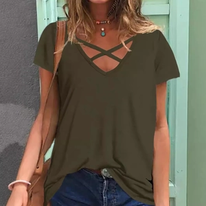 Women's army green short sleeve V-neck t-shirt with criss-cross detail for summer casual wear