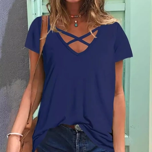 Women's navy blue short sleeve t-shirt with criss-cross V-neckline summer top