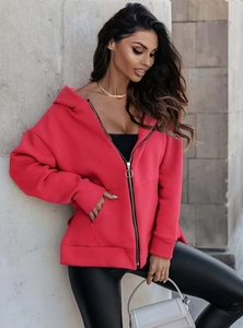 Detailed outdoor shot of a red loose-fit zip-up hoodie with golden metal zipper and pockets