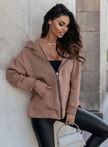 Detail of coffee brown hoodie featuring a unique metal ring zipper and spacious front pockets