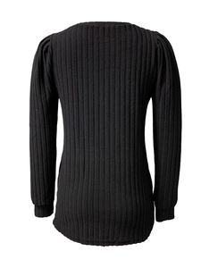 Détail d'un pull en maille côtelée noire avec manches bouffantes et ourlet arrondi