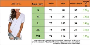 Maattabel voor dames T-shirt met V-hals en korte mouwen met S-2XL maten in cm