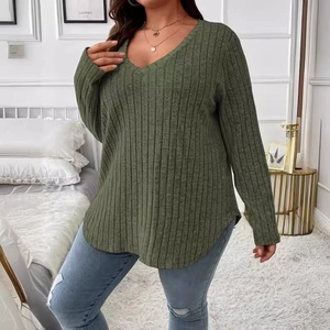 Women's plus size rib-knit V-neck long sleeve top in olive green with curved hem design