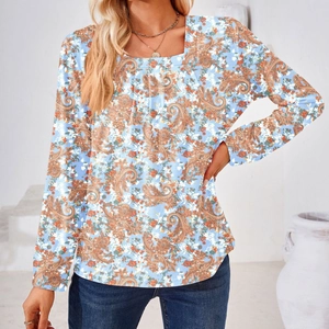 Top de manga larga para mujer con cuello cuadrado y estampado paisley colorido de corte holgado