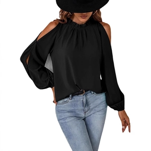 Elegant black cold shoulder long sleeve blouse with ruffle neck and lantern sleeves