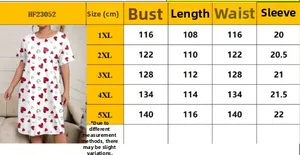 Detailed size guide for plus size heart print dress with measurements in centimeters