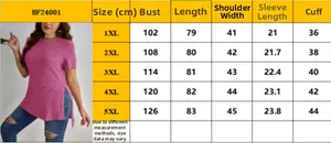 Detailed size chart for women's plus size ribbed short sleeve T-shirt ranging 1XL to 5XL
