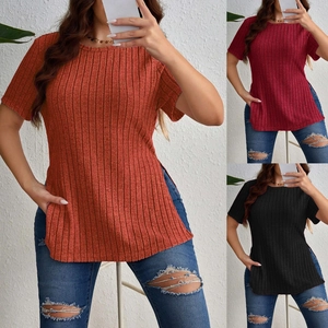 Elegant ribbed knit short sleeve T-shirt with side slits for women in multiple colors