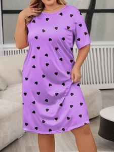 Detailed view of light purple plus size sleep dress with black heart prints and round neck