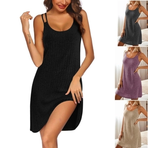 Women Ribbed Knit Cami Dress Sleeveless Round Neck Double Strap Bodycon Slim Fit Mini Dress Solid Color Summer Casual Dress