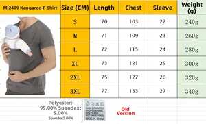 Tabla de tallas detallada para camiseta portabebé canguro con composición de la tela