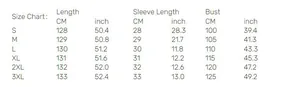 Tableau des tailles détaillé pour robe longue en coton lin avec mesures en CM et pouces