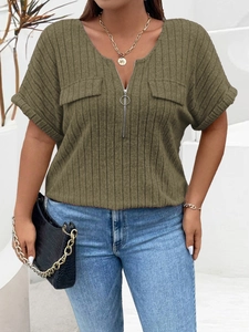 Detail of army green ribbed knit plus size top featuring V-neck with metal ring zipper