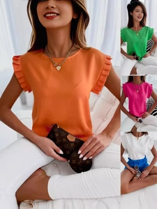 Blusa Elegante de Gasa para Mujer Cuello Redondo con Volantes Plisados Top de Manga Corta Moda Color Sólido Verano