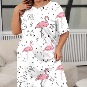 Plus size short sleeve t-shirt nightdress with pink flamingo and heart patterns