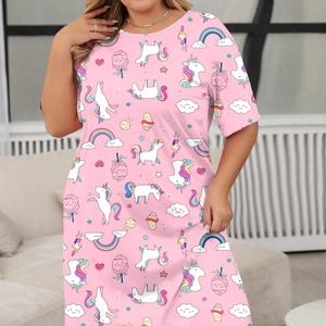 Pink plus size short sleeve nightgown with cute unicorn rainbow and cupcake prints