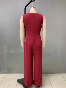 Back view of a sleeveless deep red jumpsuit featuring pleated texture and hidden zipper
