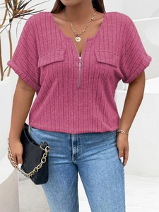 Detail of ribbed texture and V-neck zipper on this casual short sleeve women's t-shirt