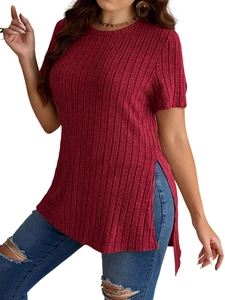 Detail of burgundy ribbed knit t-shirt with side split hem and crew neck design