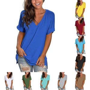 Dames T-shirt met V-hals en Korte Mouwen Losse Pasvorm Effen Kleur Omslagmouw Zijsplit Casual Zomer Pendel Top Dames Kleding