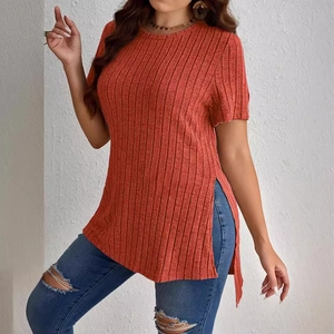 Elegant orange round neck short sleeve ribbed knit t-shirt with side slit for women