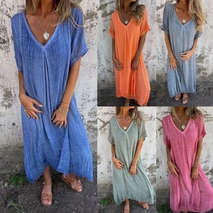 Robe Maxi Décontractée en Coton et Lin pour Femmes Col en V Manches Courtes Ample Ligne A Couleur Unie Vacances Été
