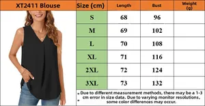 Guía de tallas para blusa de gasa sin mangas para mujer con medidas de la S a la 3XL
