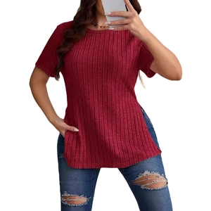 Elegant wine red ribbed knit short sleeve T-shirt with side slit for women in casual style