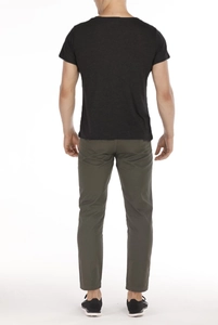 Rear view of a men's dark grey T-shirt and olive green casual slim-fit trousers