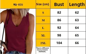 Detailed size chart for burgundy V-neck ribbed knit tank top from sizes S to 2XL