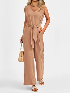 Elegant deep khaki wide-leg jumpsuit with V-neck, sleeveless cut and belted waist detailing