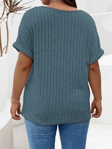 Rear view of a loose blue ribbed T-shirt with short sleeves and fixed rolled cuffs