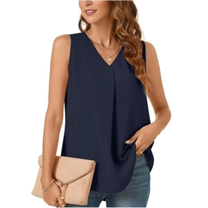 Top de gasa sin mangas de verano para mujer en azul marino con escote en V y pliegues