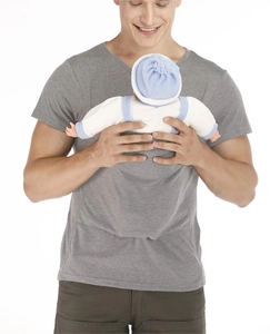 Detail of grey V-neck kangaroo T-shirt for men showing supportive baby carrier functionality