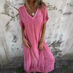 Robe longue rose en coton et lin pour femme avec col en V et coupe décontractée