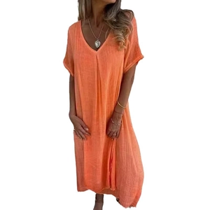 Robe longue orange en coton et lin avec col en V et coupe ample à manches courtes