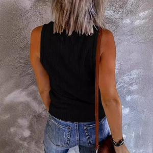 Slim fit black ribbed knit V-neck sleeveless tank top for women, back view perspective