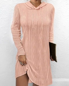 Detailed view of pink cable knit texture on long sleeve hooded sweater dress