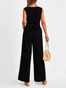 Elegant black sleeveless wide-leg jumpsuit with waist tie bow and back zipper detail