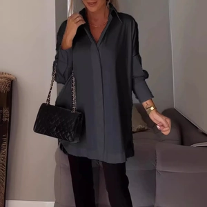 Elegant oversized dark grey satin long sleeve shirt for women with a sleek turnover collar