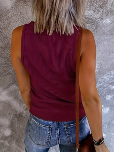 Close-up back view of a wine red ribbed knit V-neck tank top for women in casual style