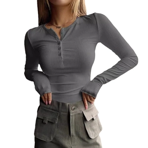 Slim fit grey ribbed long sleeve knit sweater with button neckline and casual style
