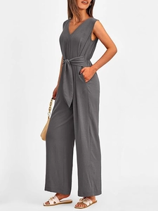 Elegant V-neck sleeveless wide-leg jumpsuit in medium grey with adjustable waist belt detail