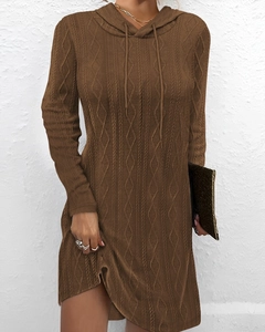Detailed cable knit texture and drawstring hood on dark brown autumn knitted dress