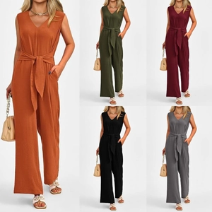 Elegant Women V-Neck Sleeveless Wide Leg Jumpsuit With Belt High Waist Solid Color Fashion Long Pants Romper For Casual Commute