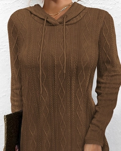 Detail of dark brown cable knit texture on hooded long sleeve knitted dress for autumn