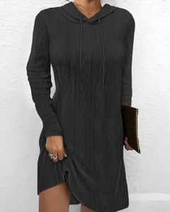 Detail of cable knit pattern and drawstring hood on dark grey long sleeve dress