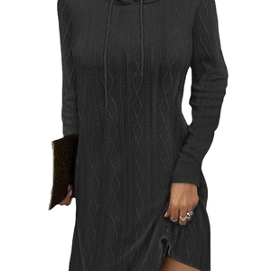 Detail showing classic cable-knit texture on a black hooded long sleeve knit dress