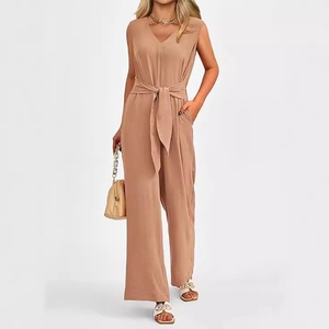 Elegant sleeveless V-neck wide-leg jumpsuit with waist belt in khaki drape fabric